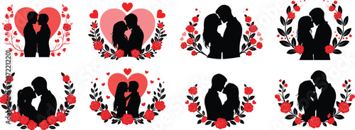 Romantic couple silhouettes framed by hearts and roses celebrating love valentine wedding romance illustration collection decorative floral design set