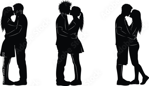 Romantic kissing couple silhouette set showing intimate embraces expressing love passion relationship connection and emotional romance illustration collection