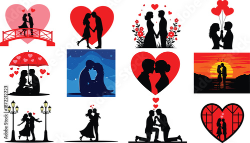 Romantic love silhouette illustration set with couples hearts proposals sunsets and valentine scenes celebrating relationships wedding and emotional moments