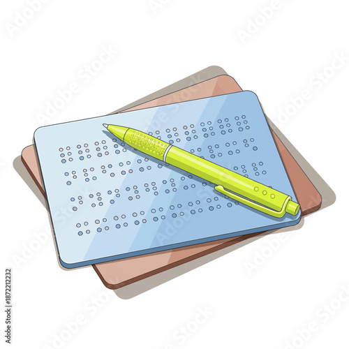Bright illustration of Braille papers and a writing instrument, signifying accessible education, literacy, and essential communication for the visually impaired, fostering learning