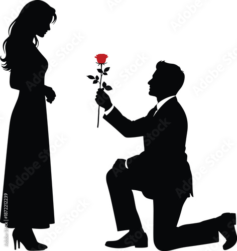 Romantic proposal silhouette of man kneeling with red rose offering love engagement marriage and valentine romance illustration concept