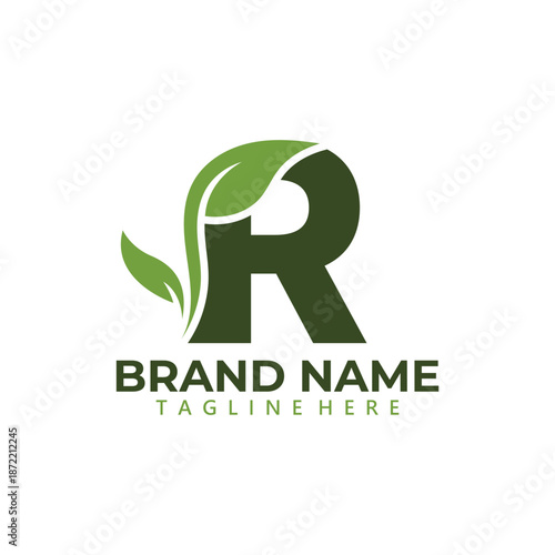 Letter R with green leaf vector - Natural leaf logo Vector design.