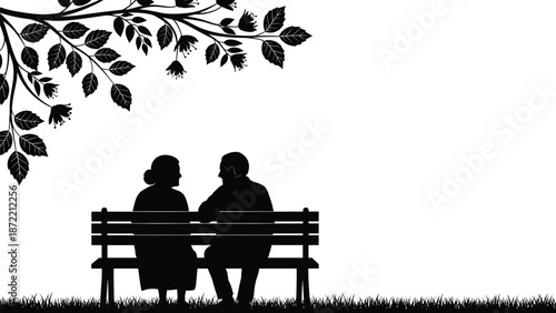 Silhouette elderly couple sitting on park bench under tree branches symbolizing love companionship retirement peace and timeless romance