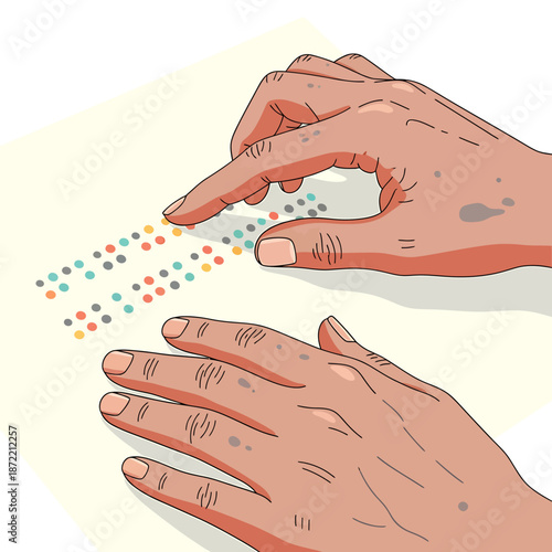 Hands reading braille, tactile reading system for visually impaired people