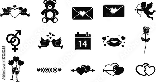 Valentine’s Day love icon set featuring hearts cupid kisses letters calendar and romantic symbols for wedding greeting and celebration design