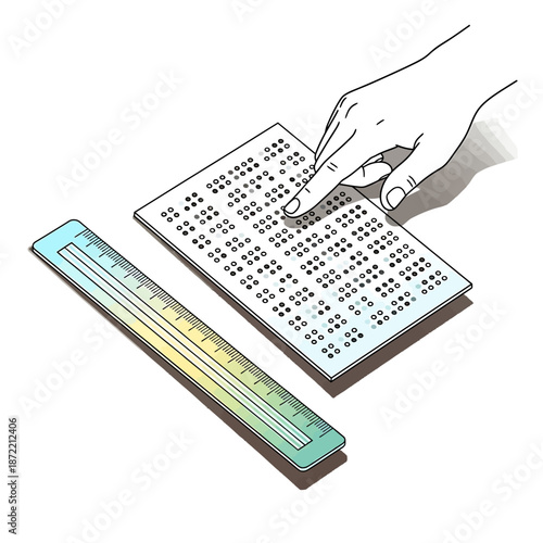 Illustration of a hand reading Braille on a sheet of paper next to a ruler, symbolizing literacy and accessibility for the visually impaired