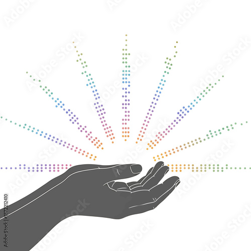 Abstract concept of a human hand radiating colorful digital light and data, symbolizing connection, innovation, and positive energy flow