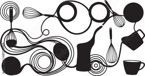 Black and white kitchen utensils illustration art design