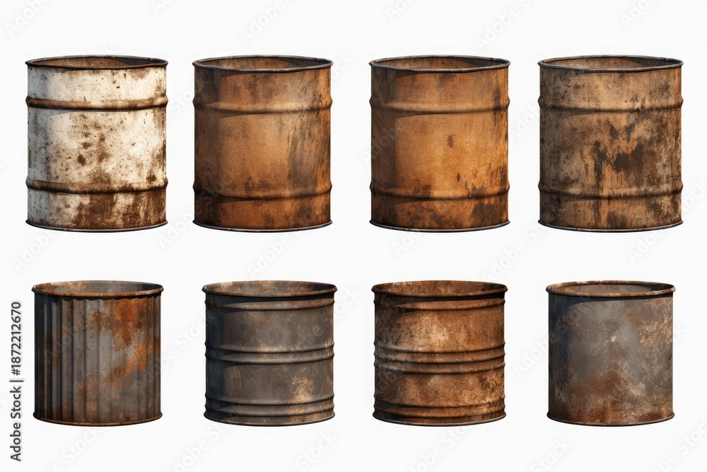 Fototapeta premium Rusty metal drums stand on a white background, displaying corrosion and textured surfaces