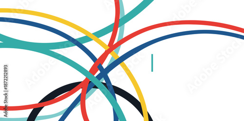 Multicolored curved lines intersecting and overlapping in a complex pattern on a white background