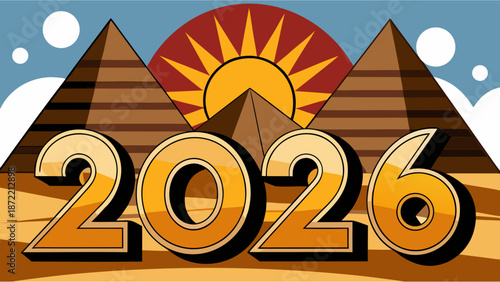 Egyptian Cultural Heritage Illustration for 2026 Featuring the Pyramids of Giza and Pharaoh Silhouettes Against a Warm Desert Sunset Background