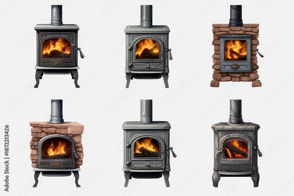 Fototapeta premium Various designs of cast iron and brick wood stoves radiating warmth with glowing fire