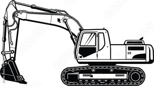 Excavator side view vector illustration, hydraulic crawler digger machine, heavy construction equipment details, industrial earthmoving vehicle isolated on white background