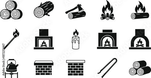 Firewood and fireplace icon collection, wood logs, axe, campfire, candle, stove, chimney, kettle symbols, black silhouette vector illustration set