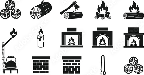 Firewood and fireplace icon set, wood logs, campfire, candle, stove, chimney, hearth symbols, black silhouette vector illustration for heating and camping concepts