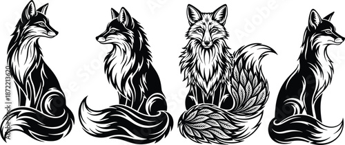 Fox vector illustration set, black and white wild animal artwork with elegant tails, decorative line art design for nature, wildlife, and branding use