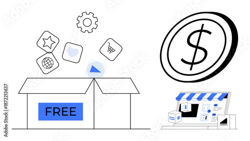E-commerce, digital marketing, online shopping, free apps, virtual stores, subscription models. Free box with app icons, dollar sign storefront illustration. E-commerce and digital marketing concept