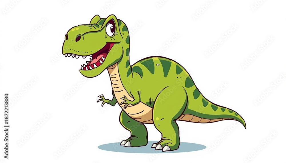 Obraz premium Cartoon Green Dinosaur with Spots and Big Smile Standing Alone
