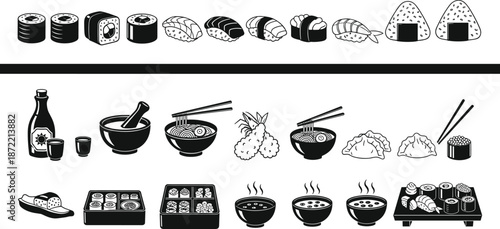 Japanese food icon set, sushi, ramen, onigiri, tempura, gyoza, rice bowls, traditional Asian cuisine symbols, black vector illustration collection