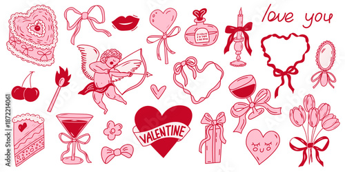 Valentines day doodle elements romantic love set