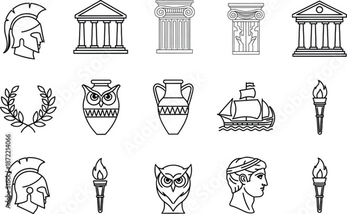 Ancient Greek Icons Collection Spartan Helmet Laurel Wreath Amphora Owl Ship Torch Keywords: ancient greek, icon, symbol, spartan helmet, laurel