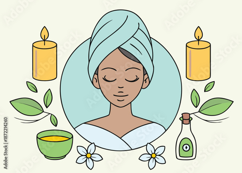 Serene woman relaxing with face mask and candles enjoying spa treatment at home with leaves and flowers