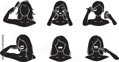 Silhouette of woman applying makeup in various poses