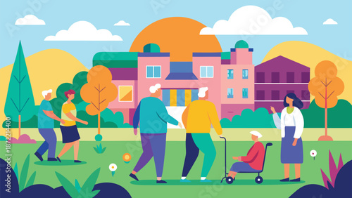 People walking and strolling in a park with houses in the background on a sunny day with green grass and trees