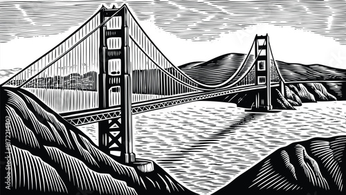 Vibrant vector illustration of a grand suspension bridge over tranquil waters. A clean, flat vector illustration of the Golden Gate Bridge, viewed from an elevated angle, stretching across calm blue 