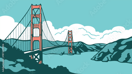 Vibrant vector illustration of a grand suspension bridge over tranquil waters. A clean, flat vector illustration of the Golden Gate Bridge, viewed from an elevated angle, stretching across calm blue 