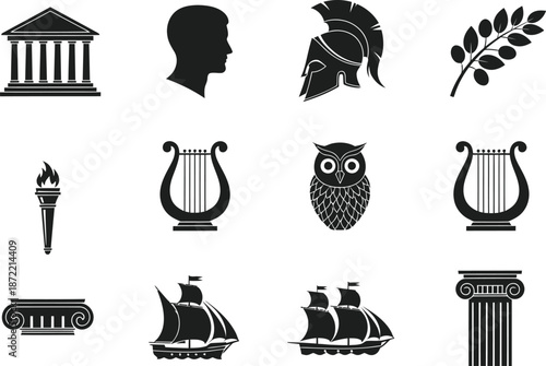 Ancient Greek Icons Silhouette Collection Featuring Buildings Mythology and Symbols