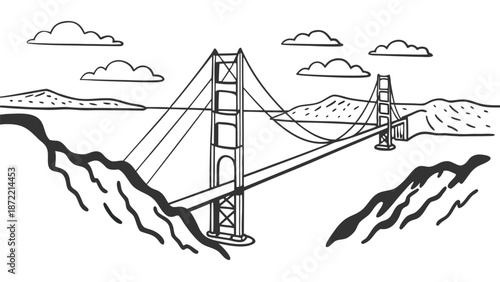 Vibrant vector illustration of a grand suspension bridge over tranquil waters. A clean, flat vector illustration of the Golden Gate Bridge, viewed from an elevated angle, stretching across calm blue 