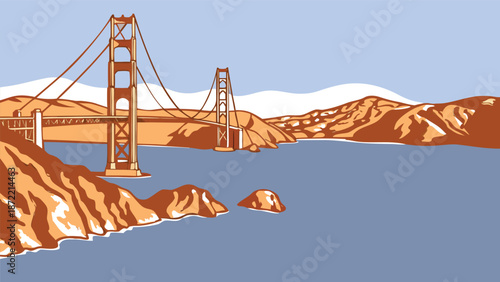 Vibrant vector illustration of a grand suspension bridge over tranquil waters. A clean, flat vector illustration of the Golden Gate Bridge, viewed from an elevated angle, stretching across calm blue 