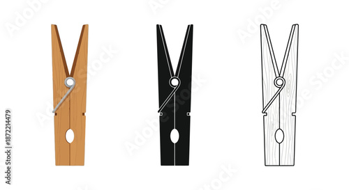 Three wooden clothespins in different colors tan black and light wood