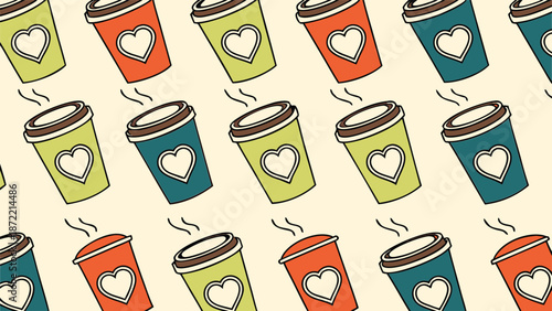 Colorful disposable coffee cups with hearts pattern on a neutral background