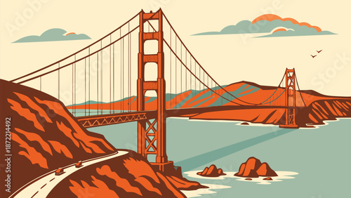 Vibrant vector illustration of a grand suspension bridge over tranquil waters. A clean, flat vector illustration of the Golden Gate Bridge, viewed from an elevated angle, stretching across calm blue 