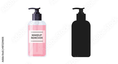 Two cosmetic pump bottles one with makeup remover and a silhouette