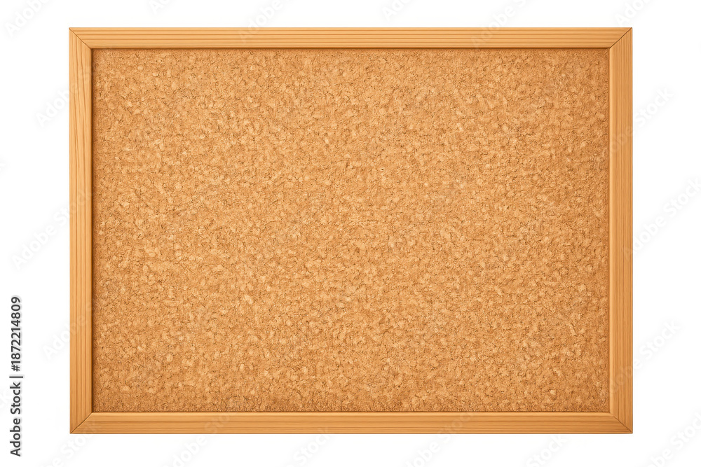 Fototapeta premium Empty cork board with a light wood frame and natural texture. Useful as a memo, bulletin, or noticeboard. Transparent background