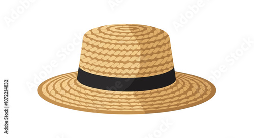 A detailed illustration of a classic straw sun hat with a black band