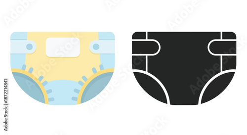 A colorful illustration of a baby diaper and its corresponding black silhouette