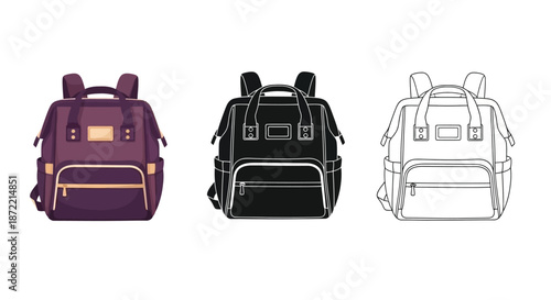 Three variations of a modern backpack design in different color schemes