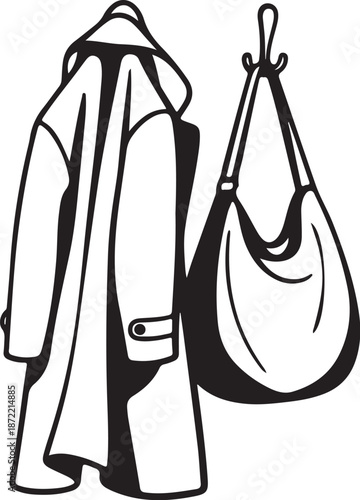 Coat and Handbag Hanging on Hooks Illustration