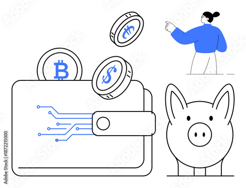 Financial savings, cryptocurrency, investments, digital payments, fintech, economic planning. Digital wallet with cryptocurrency coins, piggy bank and person pointing. Financial savings