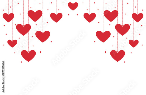 Vibrant Valentine's Day vector art with symmetrical cascade of red hearts hanging from thin strings amid sparkling stars on pure white background, ideal for romantic cards, banners, invitations.