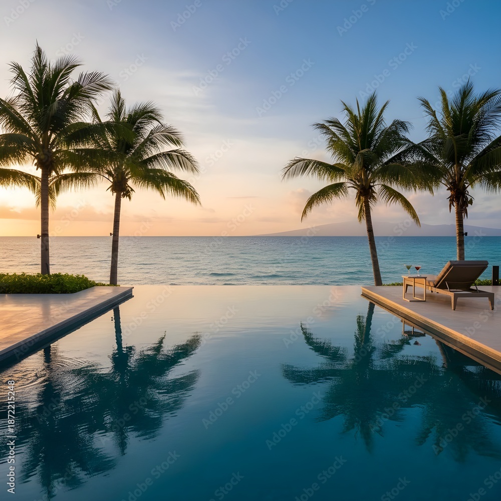 Fototapeta premium 노을지는 바다와 수영장이 이어져보인다 야자수The sunset sea and the swimming pool are connected. Palm trees