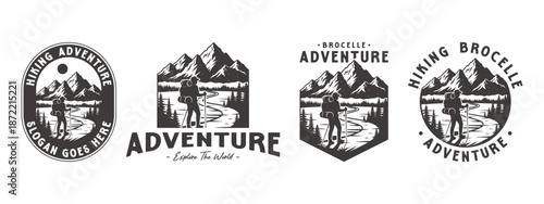 Hiking adventure logo design. Outdoor, peak, mountain, wilderness travel symbol. Vector template EPS 10	
