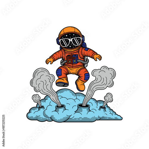 Astronaut Cartoon Character Floating Above Clouds with Style.