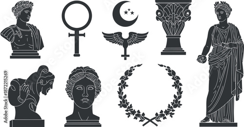 Ancient Greek Roman Statues Busts Symbols and Ornaments Set Keywords: statue, sculpture, bust, ancient, greek, roman, classical, history