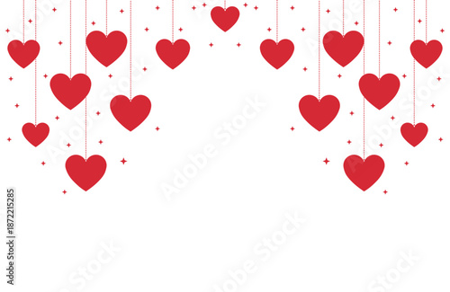 Vibrant Valentine's Day vector art with symmetrical cascade of red hearts hanging from thin strings amid sparkling stars on pure white background, ideal for romantic cards, banners, invitations.
