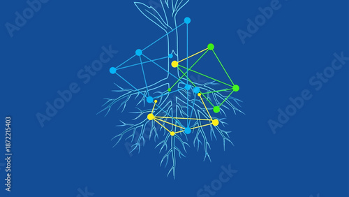 data network illustrating interconnected plant root systems and digital connections for biotechnology and machine learning growth visualization